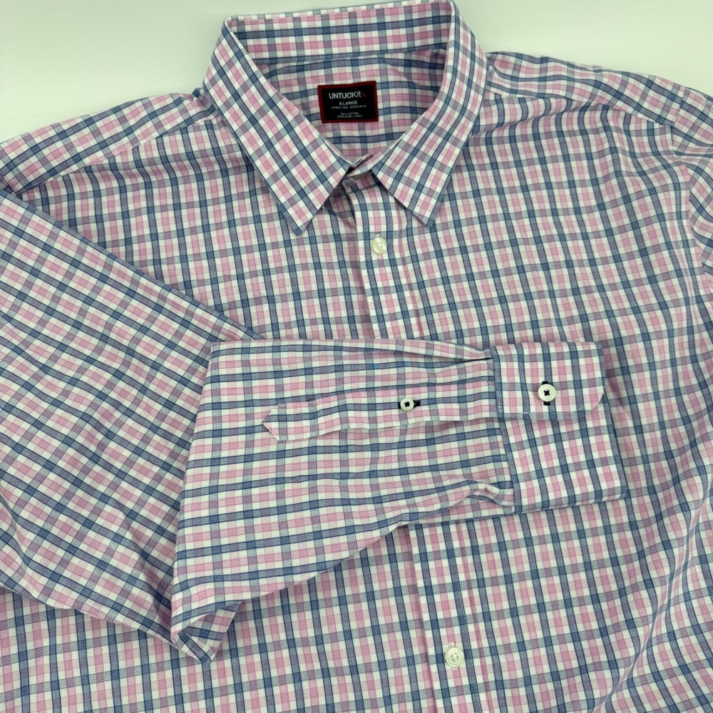 UNTUCKit Dolchetto-WF Mens XL Regular Fit Pink Blue Plaid Wrinkle Free‎ Shirt